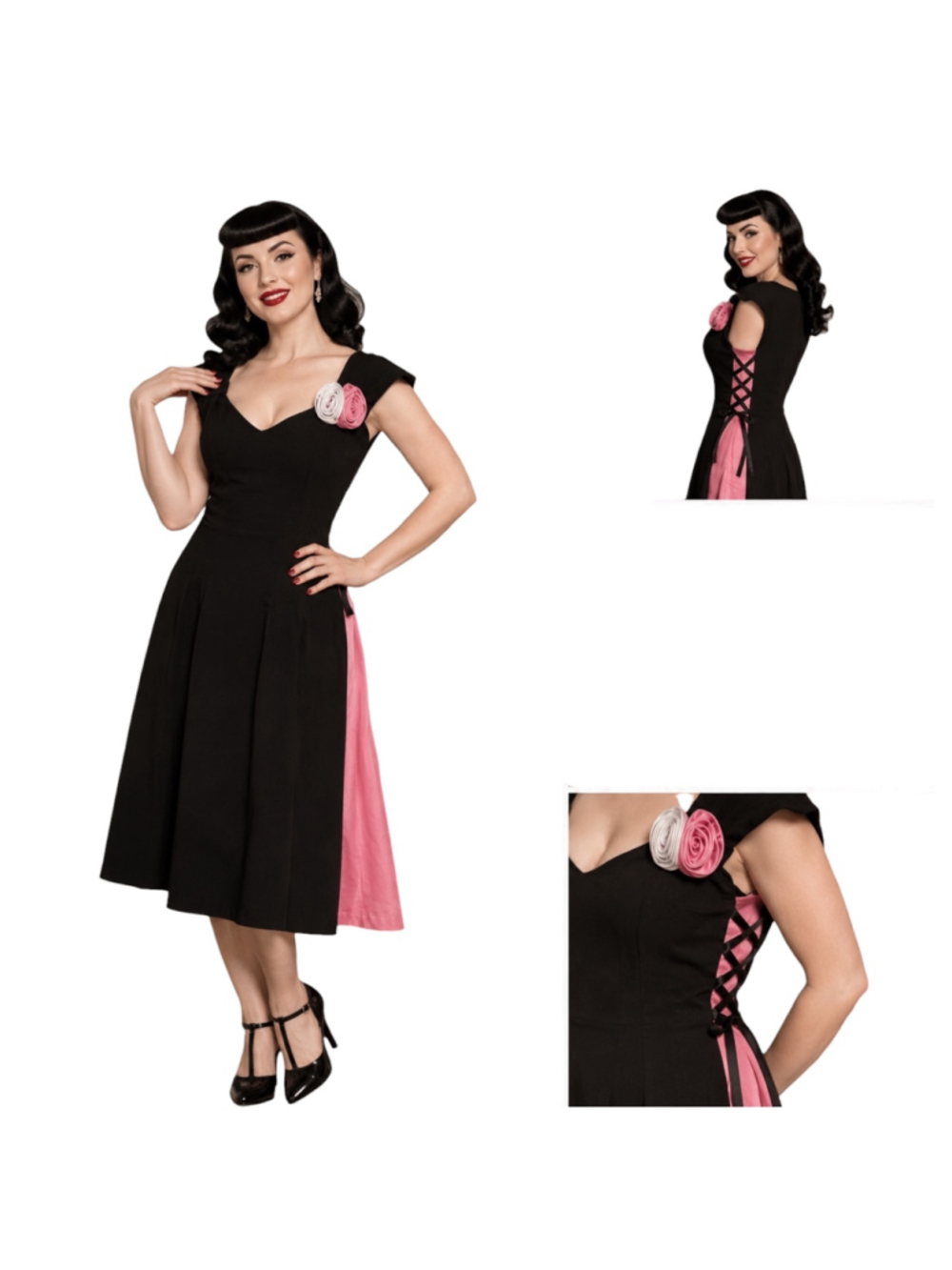 Bettie Page Black & Pink Retro Fit & Flare Dress Lace-Up Sides Rosette XL